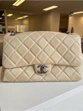 Authentic Chanel Quilted Flap Bag in beige distressed calfkin - M size
